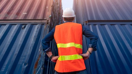 Seecontainer werden immer noch überwiegend manuell entladen. Künftig soll diese belastende Arbeit mithilfe eines neuartigen Roboters erledigt werden. © Adobe TimeStopper